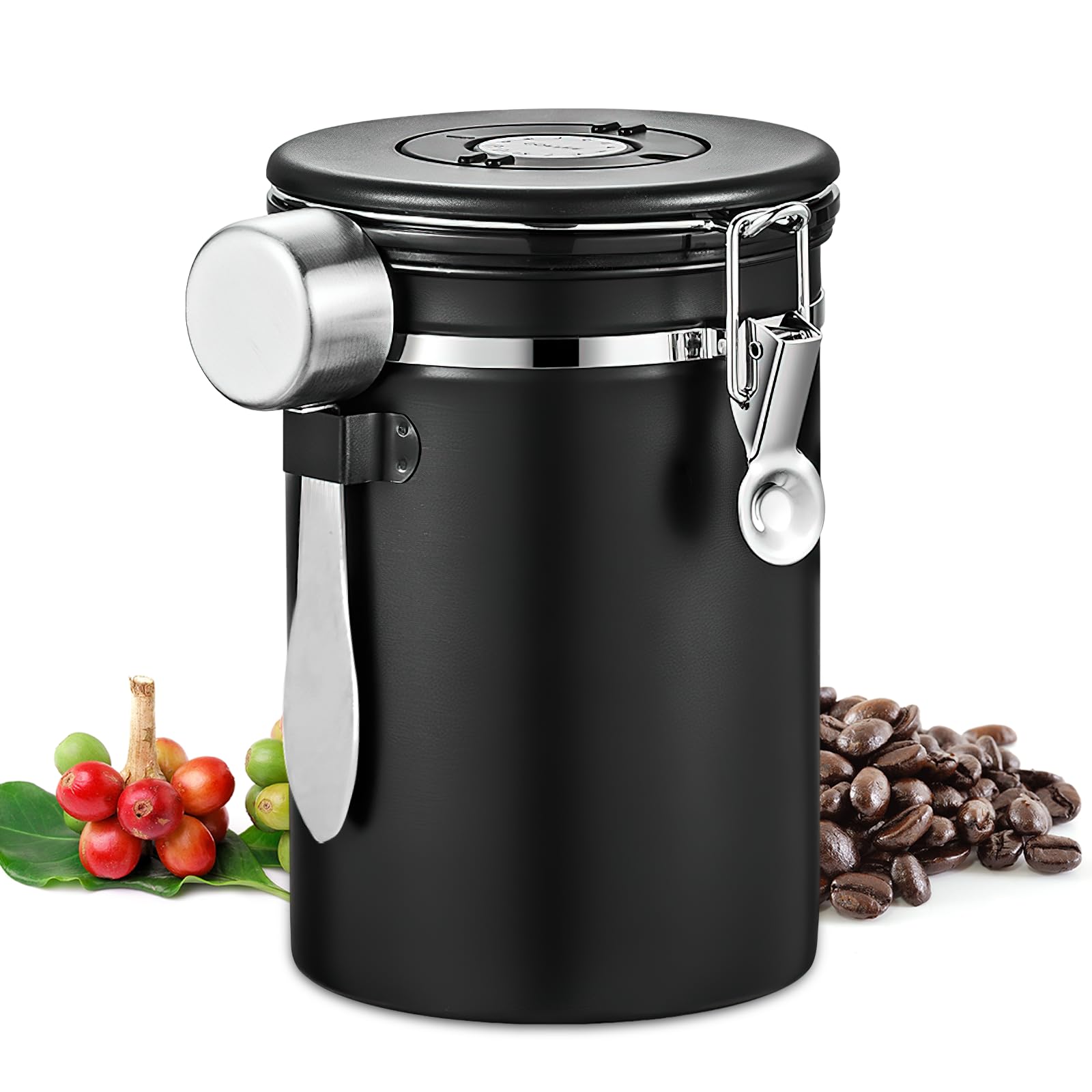 Ausune Airtight Coffee Bean Storage, 1.8L/60oz Large Coffee Container, Stainless Steel Canister with Measuring Spoon, Date Tracker Ideal for Tea Sugar and Grains, Black