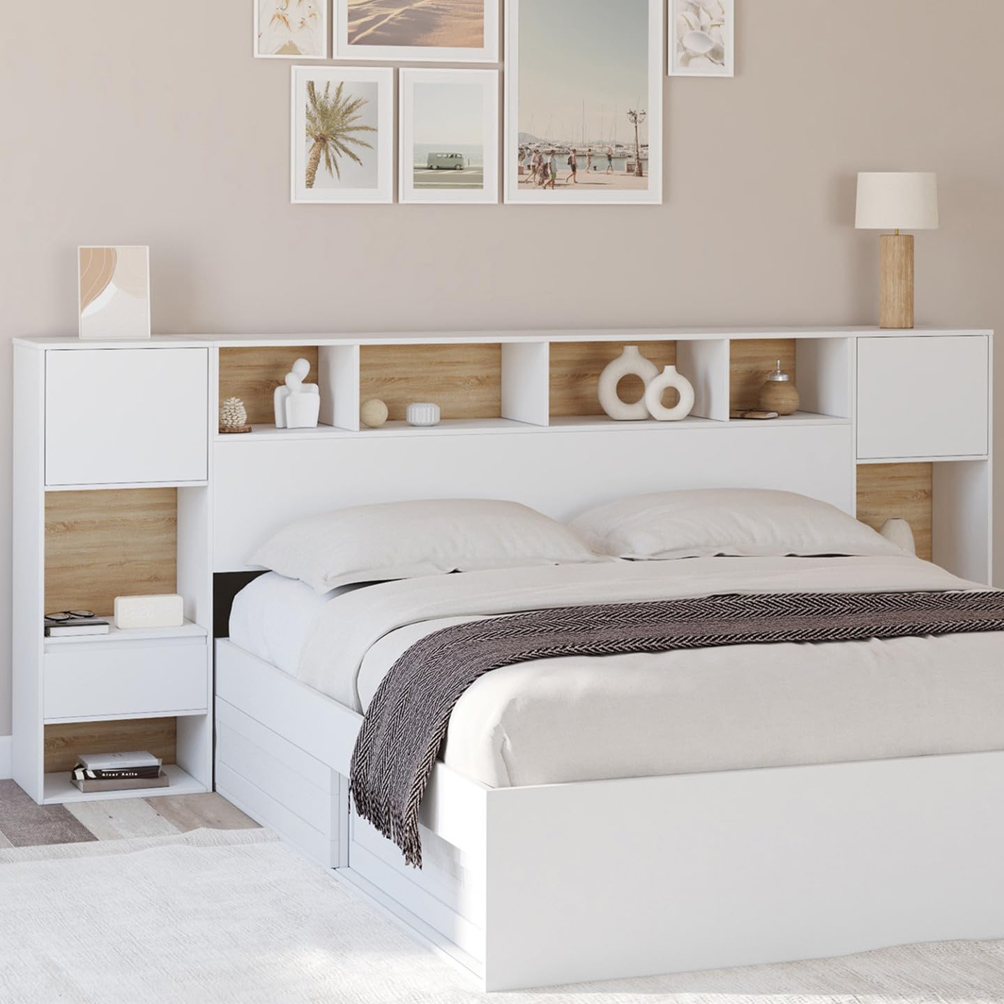 IDMarket Campha Cabecero de cama independiente de 240 cm con mesitas de noche de madera y blanco + cajones + nichos