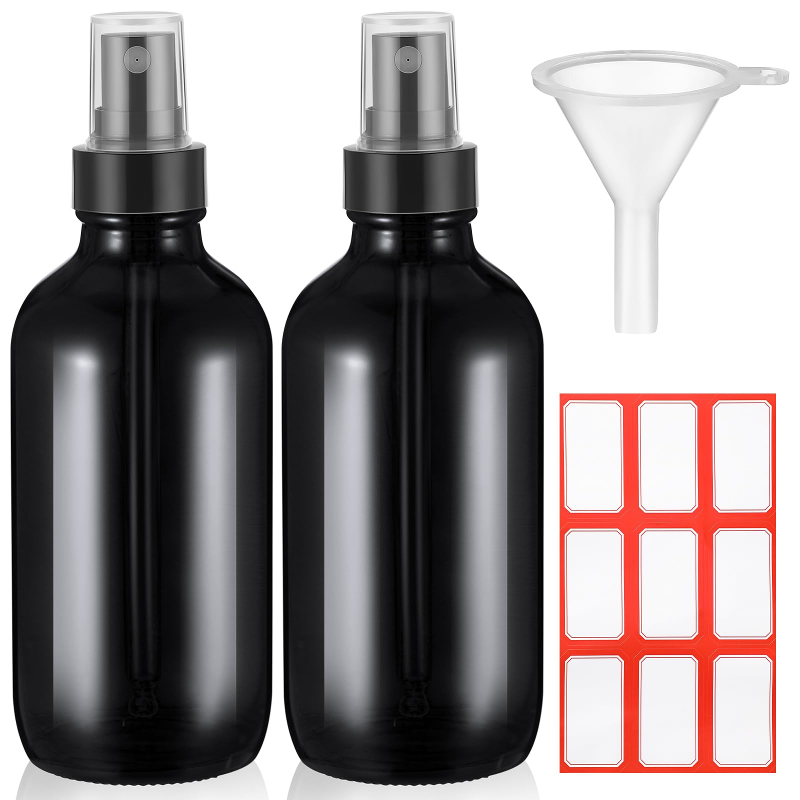 Fumete 2 Pack Glass Bottles 4oz Empty Refillable Liquid Containers with 1 Label 1 Funnel for Essential Oils Hair Travel Plants Cleaning Skin Care(