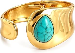 72ore Gold Plated Stone Wide Open Sculptural Cuff Bracelet for Women | Irregular Wavy Bangle with Teardrop, Boho Statement Jewelry for Daily Wear Stocking Stuffers Christmas Jewelery Gifts