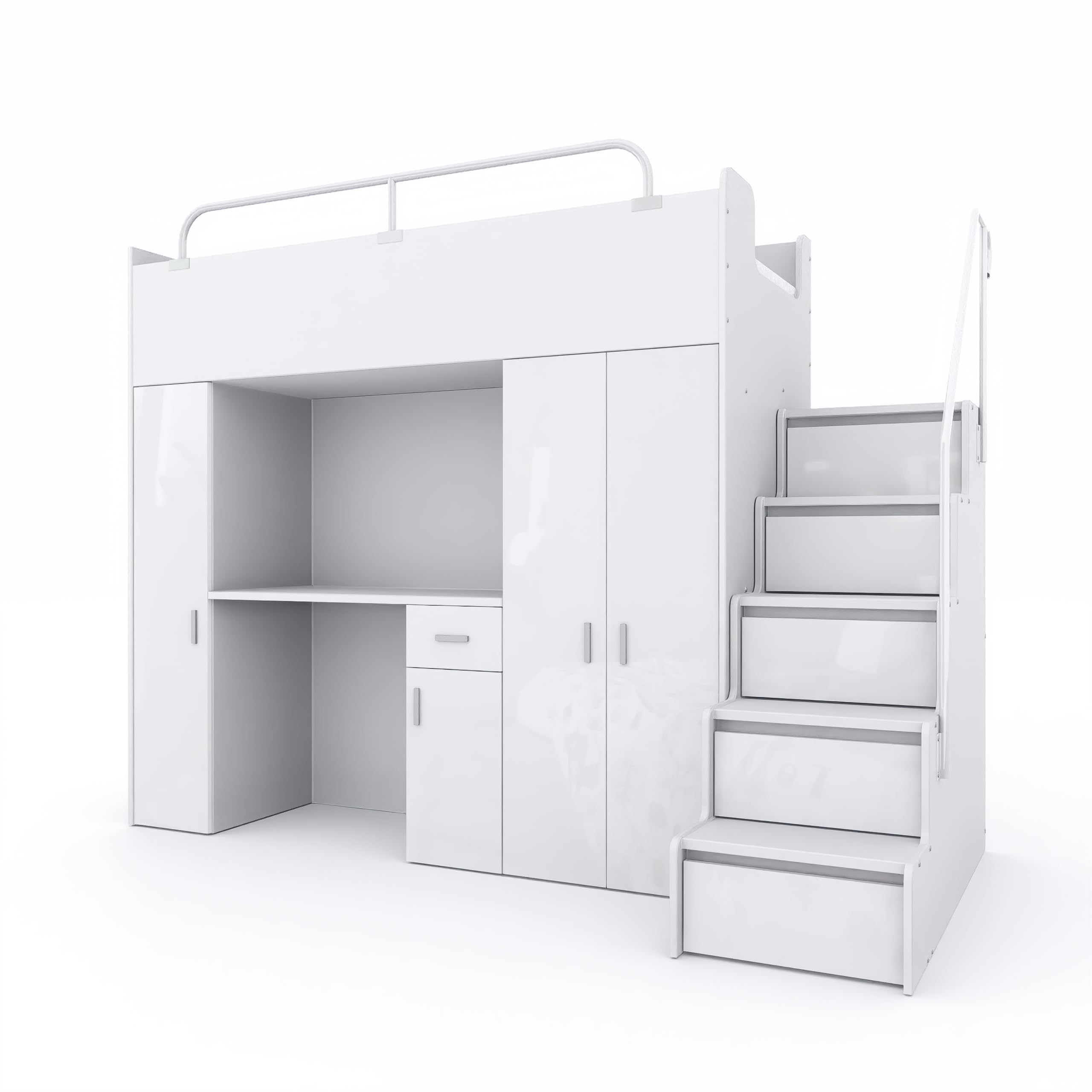 Hochbett Kinderbett JSM-5 90x200 mit Kleiderschrank Schreibtisch und Treppe Matt Etagenbett Stockbett Jugendhochbett (Weiß)