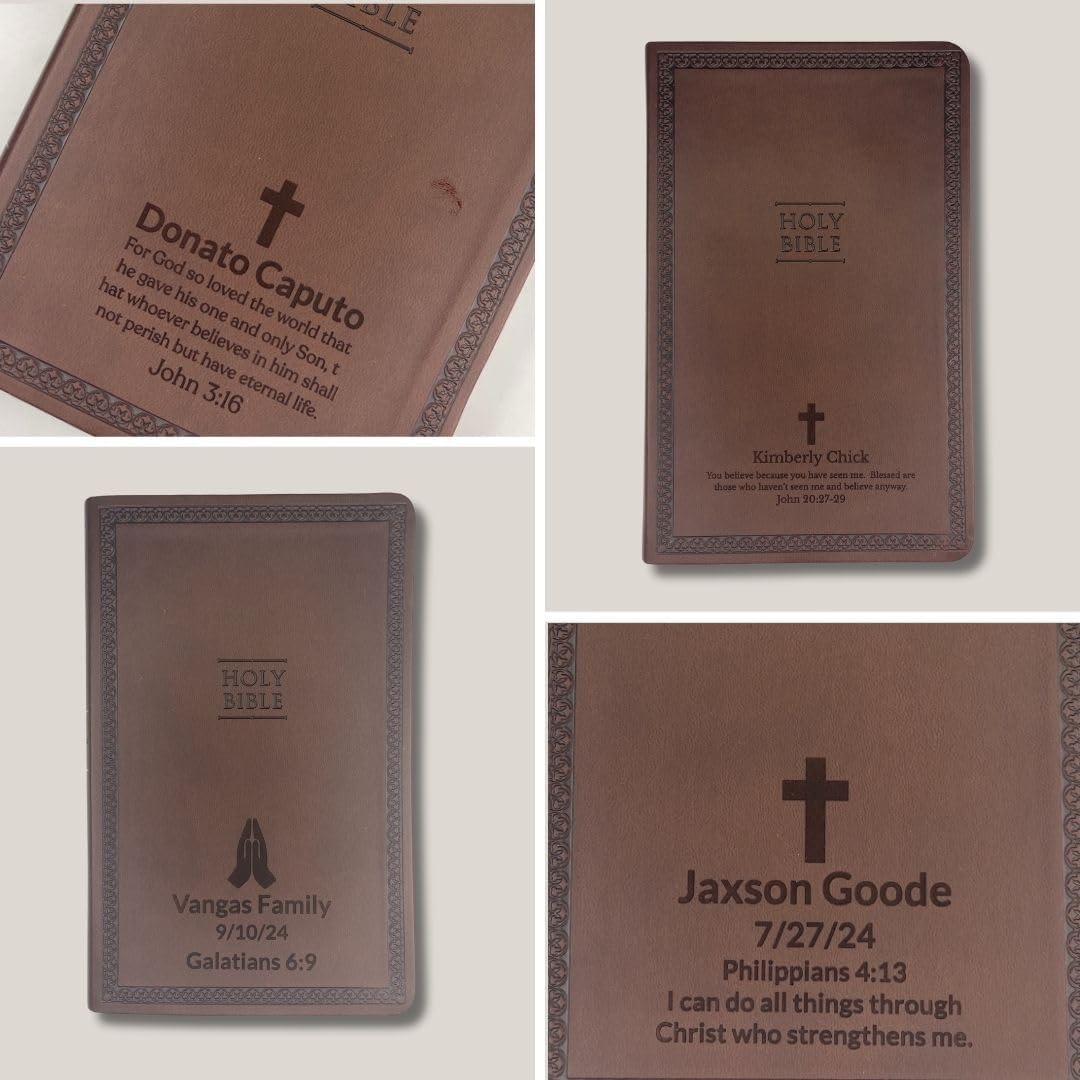 Personalized NIV Thinline Holy Bible with Custom Name and God Bless America Design Debossed Imprinted on Faux Leather Cover | Custom Gift for Christian & Patriotic Celebrations (Brown)