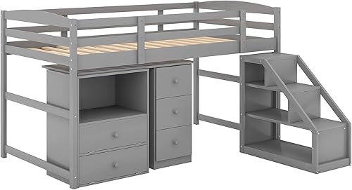 Miniatura 9 de ERDAYE Marco de cama tipo loft de madera de tamaño individual con escritorio integrado móvil multifuncional 5 cajones y escalera que trae estante de