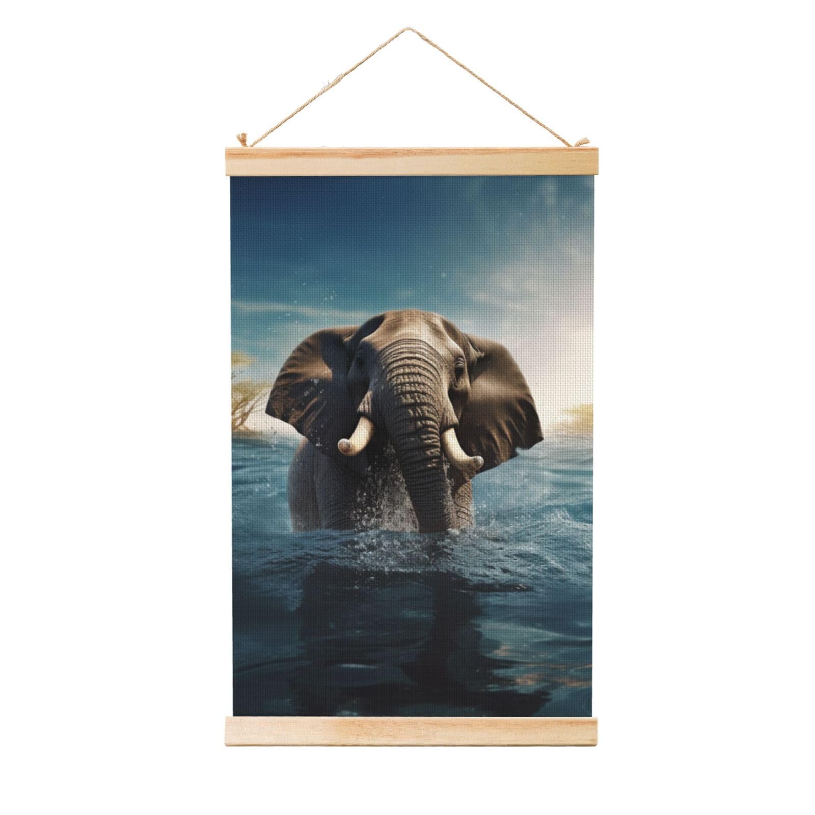 Swimming African Elephant Posters Wooden Shaft Hanging Poster Canvas Prints Scroll Wall Art Painting Vintage Wall Banner Modern Artwork Decor for Home Decor Ready to Hang 20"x30"