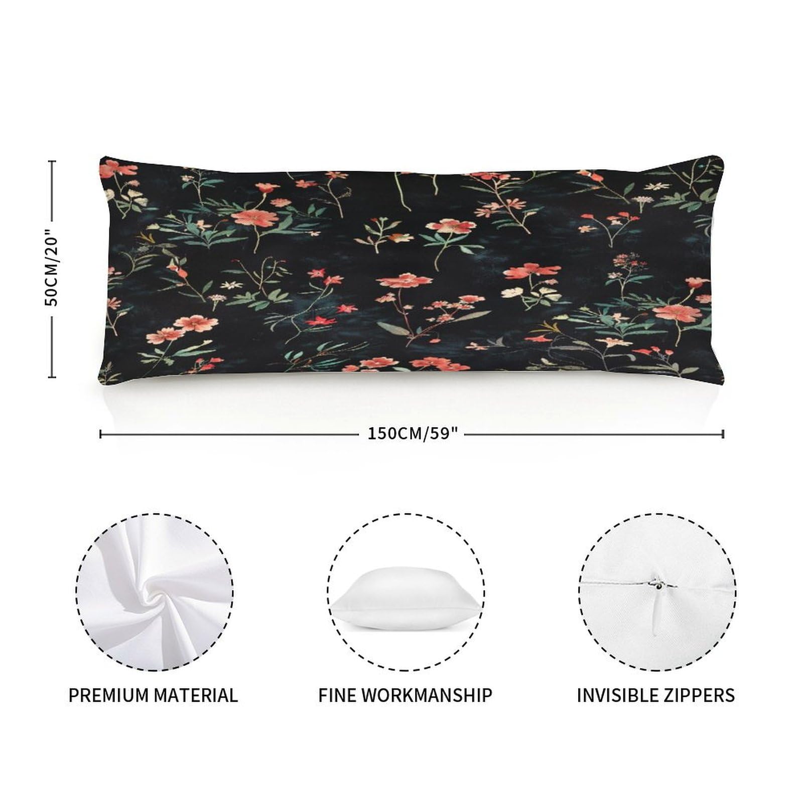 Long Pillow for Sleeping,Botanical Floral Long Body Pillow with Zipper 20x59in,Decorative Rectangle Body Pillowcase Case for Bedding Bedroom Sofa Couch Home Decoration