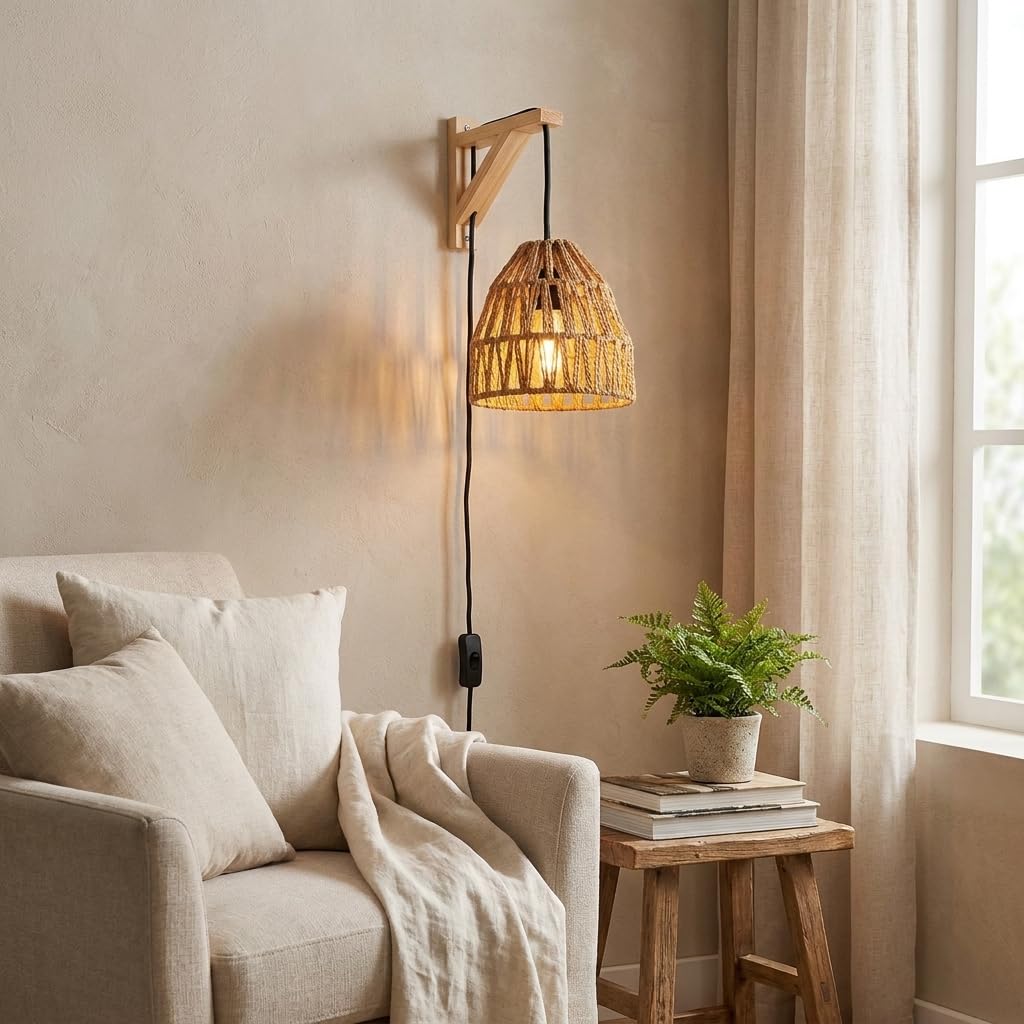 Alpinaluz Applique Murale E27 avec Prise et Interrupteur sur Câble, Base en Bois Naturel et Abat- Jour en Corde Tressée Ø17 cm, Style Naturel et Rustique, Chambre, Salon, Salle à Manger