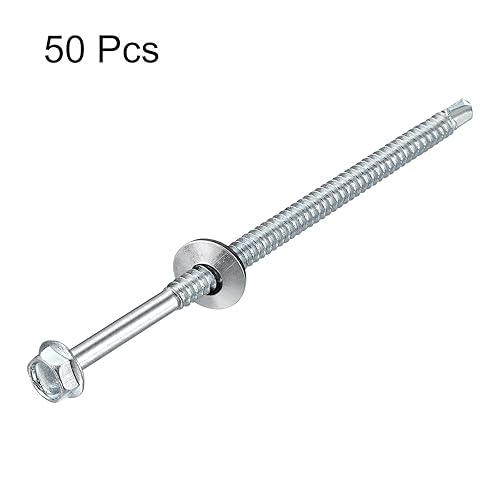 Miniatura 3 de uxcell Tornillos autoperforantes #14 x 5 pulgadas con arandela de goma, 50 tornillos de techo de acero chapado en zinc, tornillos autorroscantes con