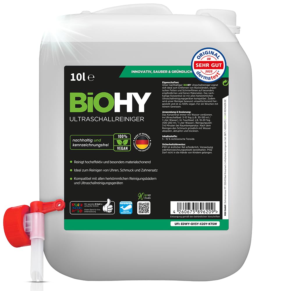 BiOHY Limpiador ultrasónico (Bidón de 10 litros) + Grifo de Salida | limpieza intensiva y suave de gafas, productos dentales, oro, monedas y joyas (Ultraschallreiniger)