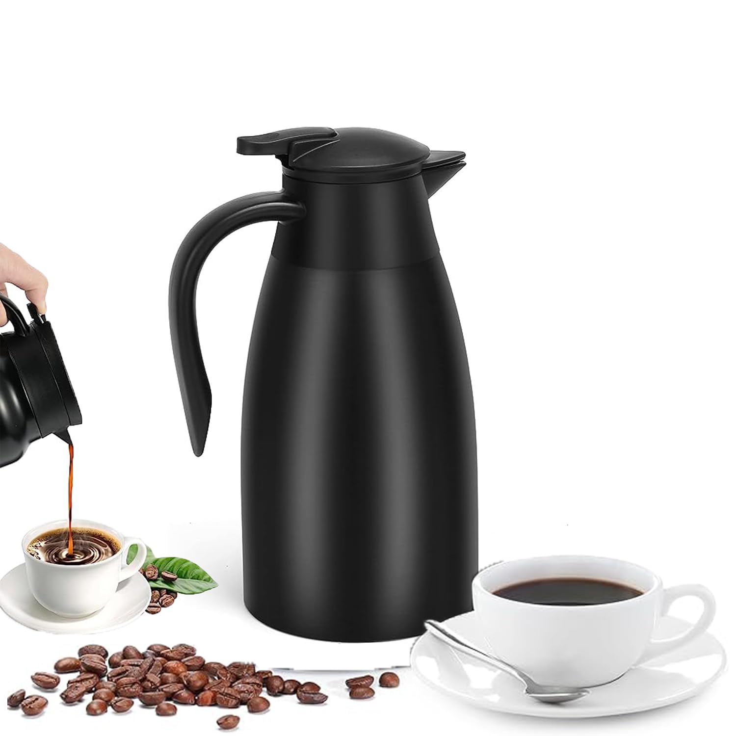 Thermal Coffee Carafe,2 L Stainless Steel Double Walled Vacuum Flask Insulated Coffee Carafes for Keeping Hot 12 Hours/Cold 24 Hours for Tea, Water, Chocolate, Coffee Dispenser (BLACK)