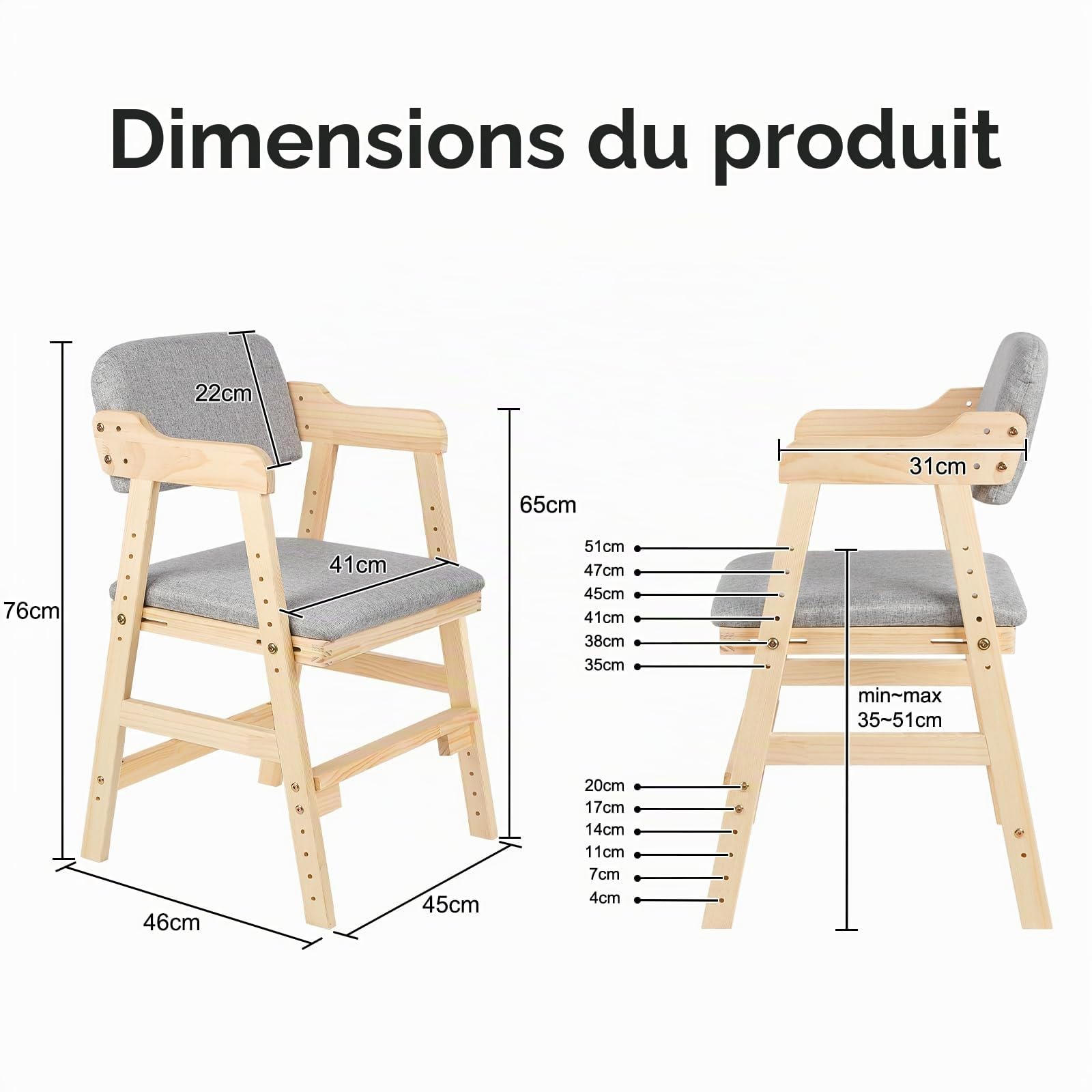 WODFARR Chaise Haute Évolutive en Bois Naturel Sit Up 3 Hauteur Réglable, Chaise élévatrice en pin pour Enfants-Gris