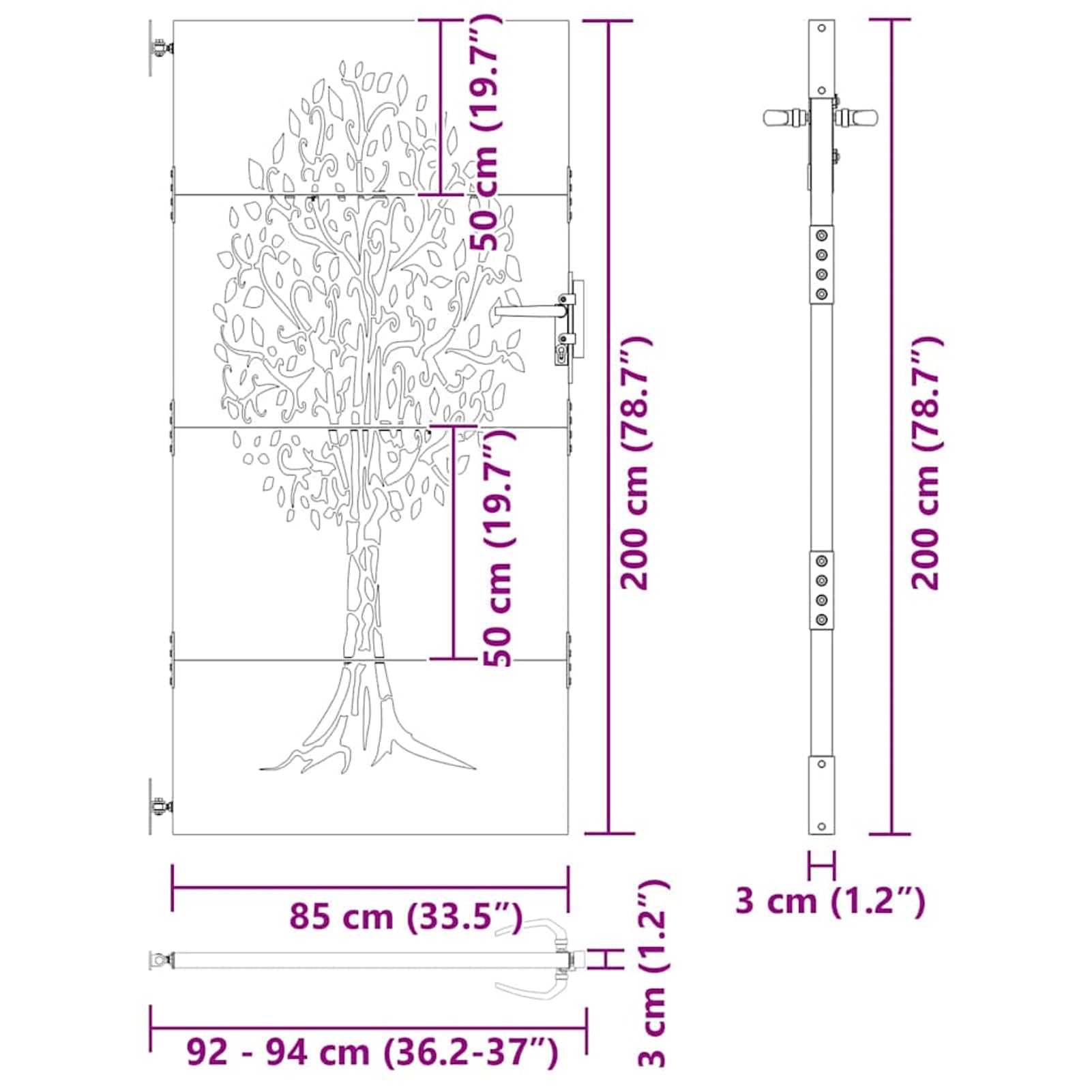 Cancello da giardino nero, 85 x 200 cm, in acciaio verniciato a polvere, con motivo tagliato al laser, resistente alle intemperie e alla ruggine, per giardino e terrazza