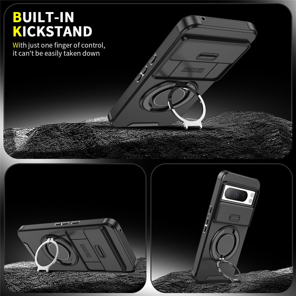 Generic Funda compatible con Google Pixel 10 Pro XL (color: amarillo) funda de metal con soporte deslizante para cámara trasera dura de silicona dura