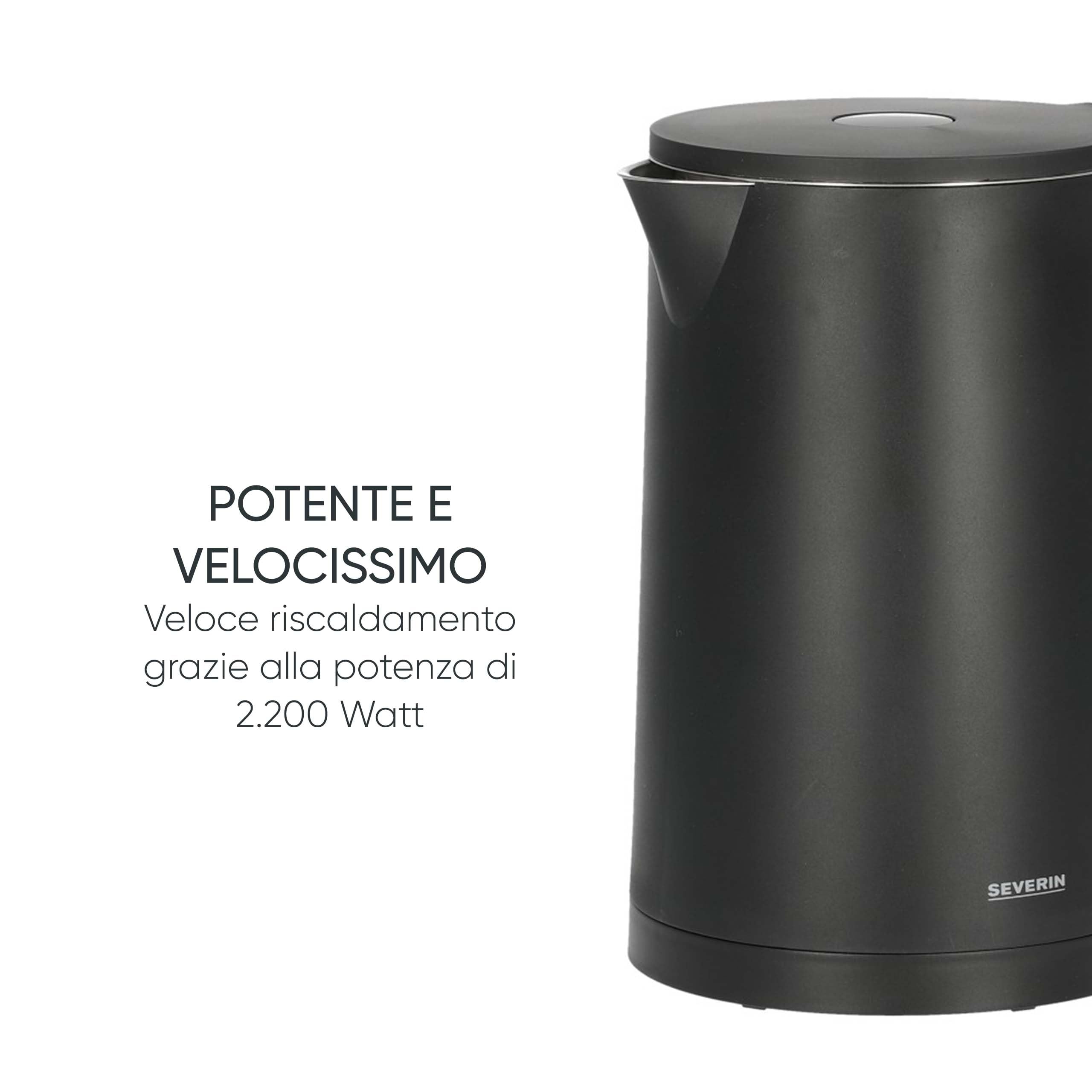 SEVERIN Bollitore Elettrico, 1,7 Litri, 2200W, Cool-Touch, Regolazione Temperatura, Mantenimento Caldo, Spegnimento Automatico, 24,0 x 14,5 x 23,5 cm, Nero/Inox - WK 3484