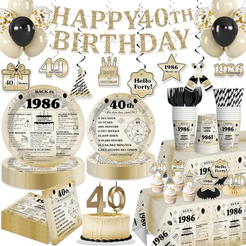 205pcs 40th Birthday Decorations for 25 Guests – Disposable Tableware Set with No-DIY Banner, Balloons, Cake Cupcake Toppers, Plates, Napkins, Tablecloths– Easy Assembly 1986 Birthday Decorations