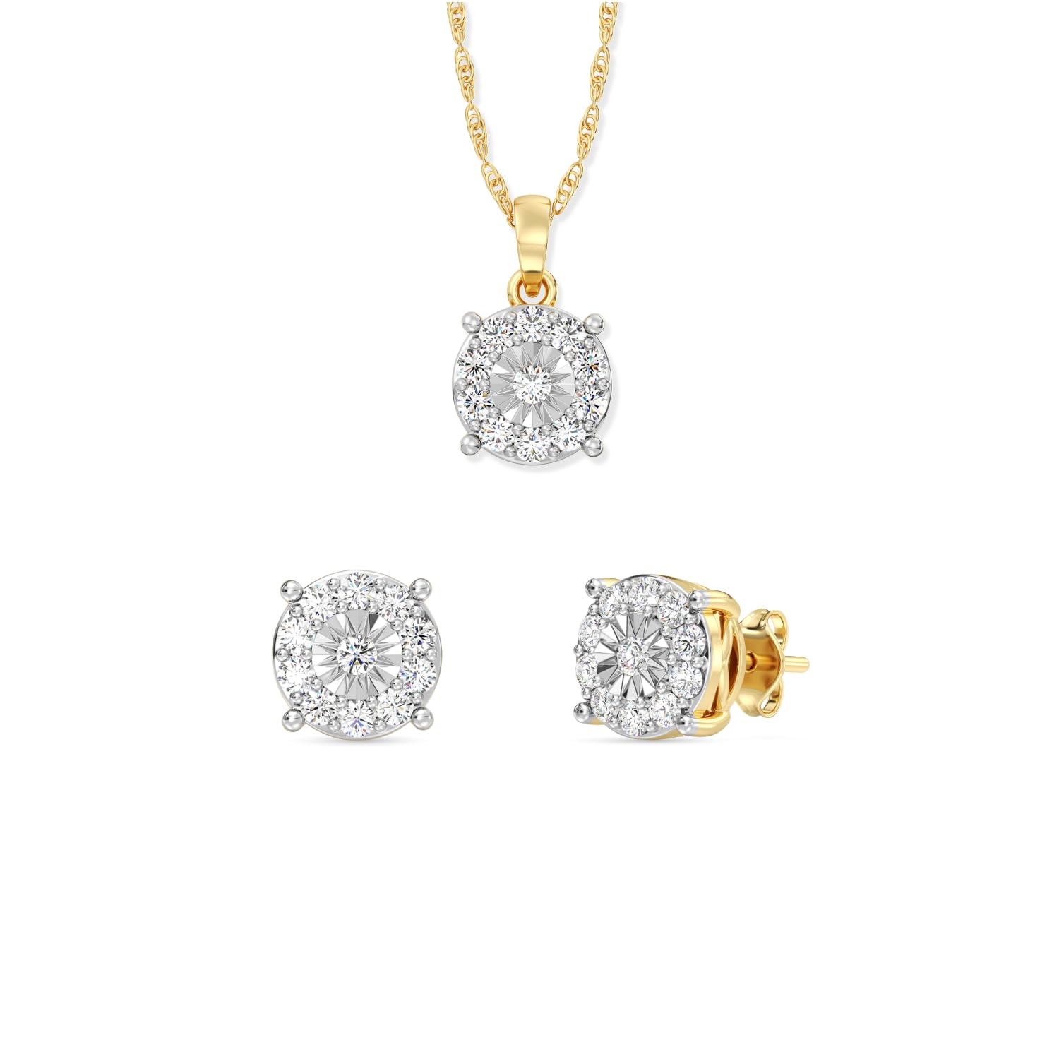 GILDED 1 Carat Total Weight Lab-Grown Diamond Stud Earrings & 18" Necklace Set for Women | 925 Sterling Silver & 14KT Gold Plated Silver | Hypoallergenic Jewelry | SI1 Clarity, F Color, Round Cut