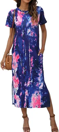 Naggoo Women's Short Sleeve Split Maxi Dress Casual Plain Tie Dye Print Tshirt Long Dresses with Pockets
