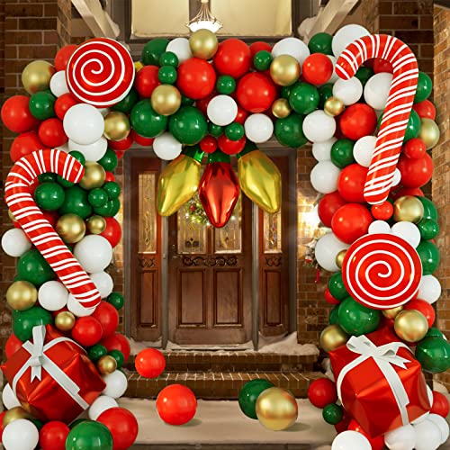 Dbkl Christmas Balloons Garland Arch Kit 152Pcs With Xmas Red Gold White Dark Green Balloon Candy Cane Gift Box Light Bulb Foil Balloon For Christmas Party Decorations Birthday Xmas Party Supplies #TOP4