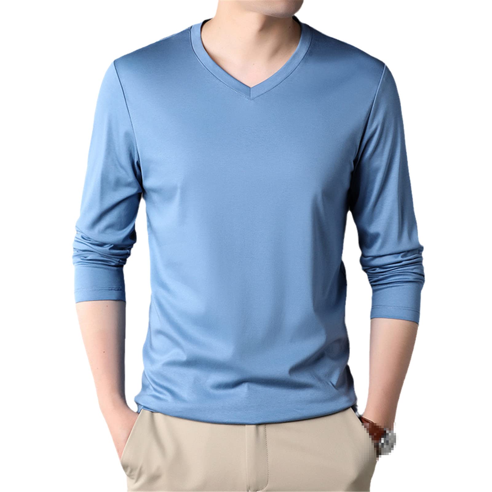 Moda cuello en V Color sólido algodón suave camiseta hombres manga larga Tops casual ropa para hombre, azul, XXL