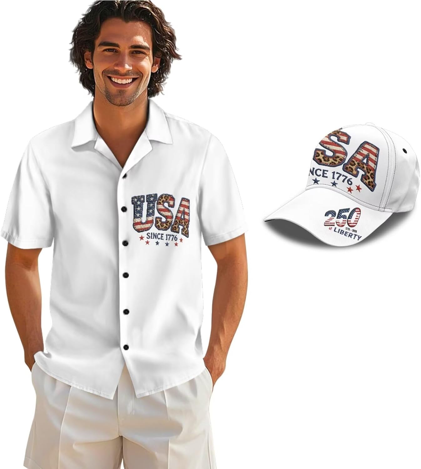 Mens 250th Anniversary Patriotic Set, USA 250 Years Button Down Shirts & Baseball Cap for 4th of July Parade