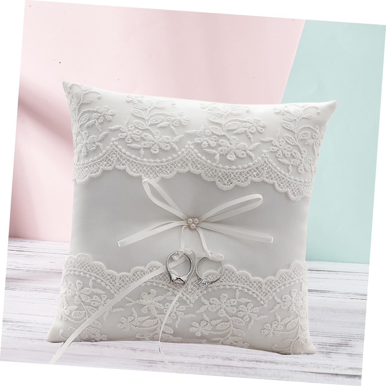 OFFSCH Graceful Lace Ring Pillow Wedding Accessory with Ribbons Pillow for Ceremony