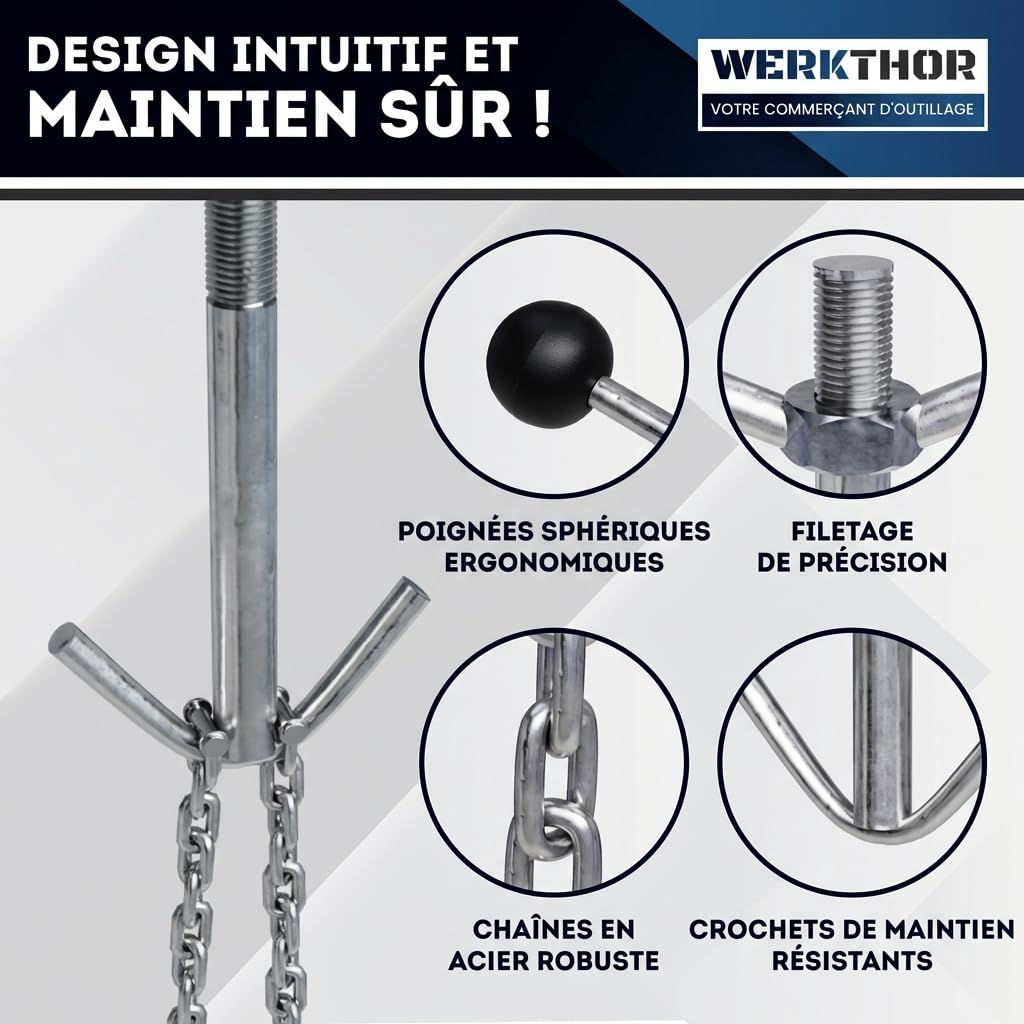 WERKTHOR Support Moteur Atelier 500kg Noir | Traverse Support Moteur Réglable 150cm avec 2 Chaînes 90cm & Pieds 360° | Barre Maintien Moteur pour Embrayage, Distribution, Boîte Vitesse