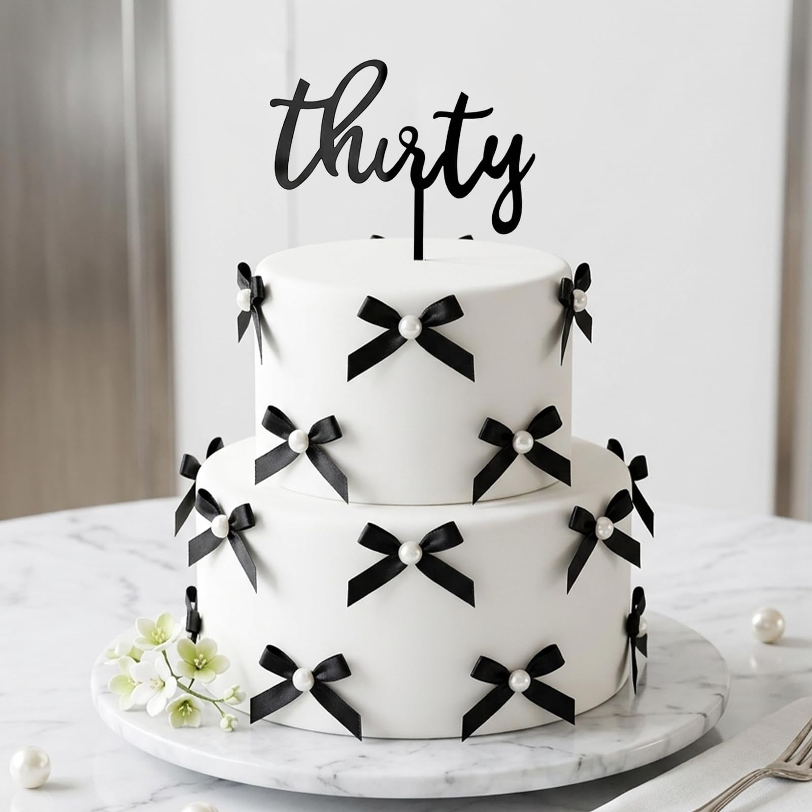30th Birthday Cake Topper Acrylic - 13 Piece Set with Black Pearl Bows, Elegant Adult Party Cake Decorations for Anniversary Celebration, Reusable Simple Cake Topper