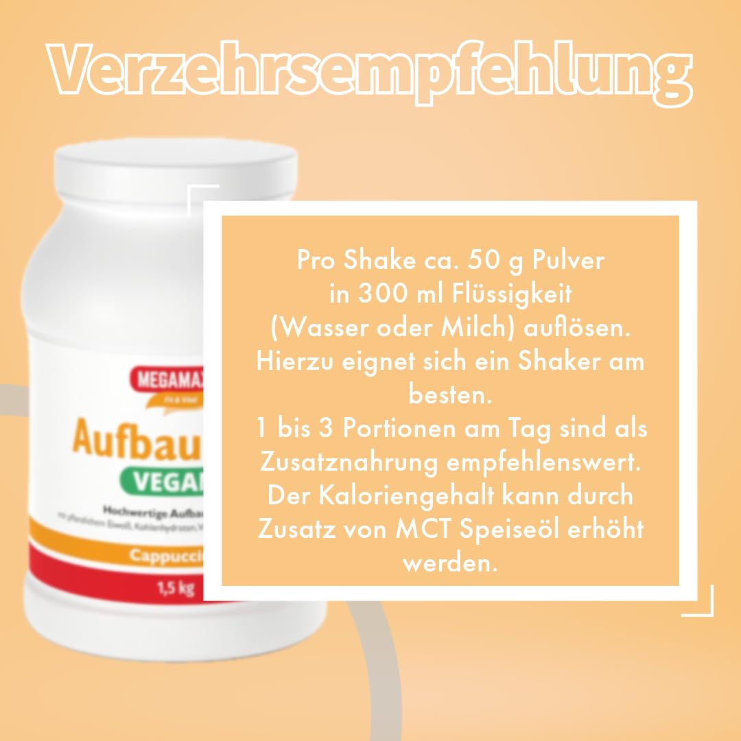 MEGAMAX Aufbaukost VEGAN Cappuccino 1.5 kg -Ideal bei Masseaufbau und Mangelernährung -Proteinpulver zur Zubereitung eines fettarmen Kohlenhydrat-Erbsenprotein Getränkes für Muskelmasse als Massgainer