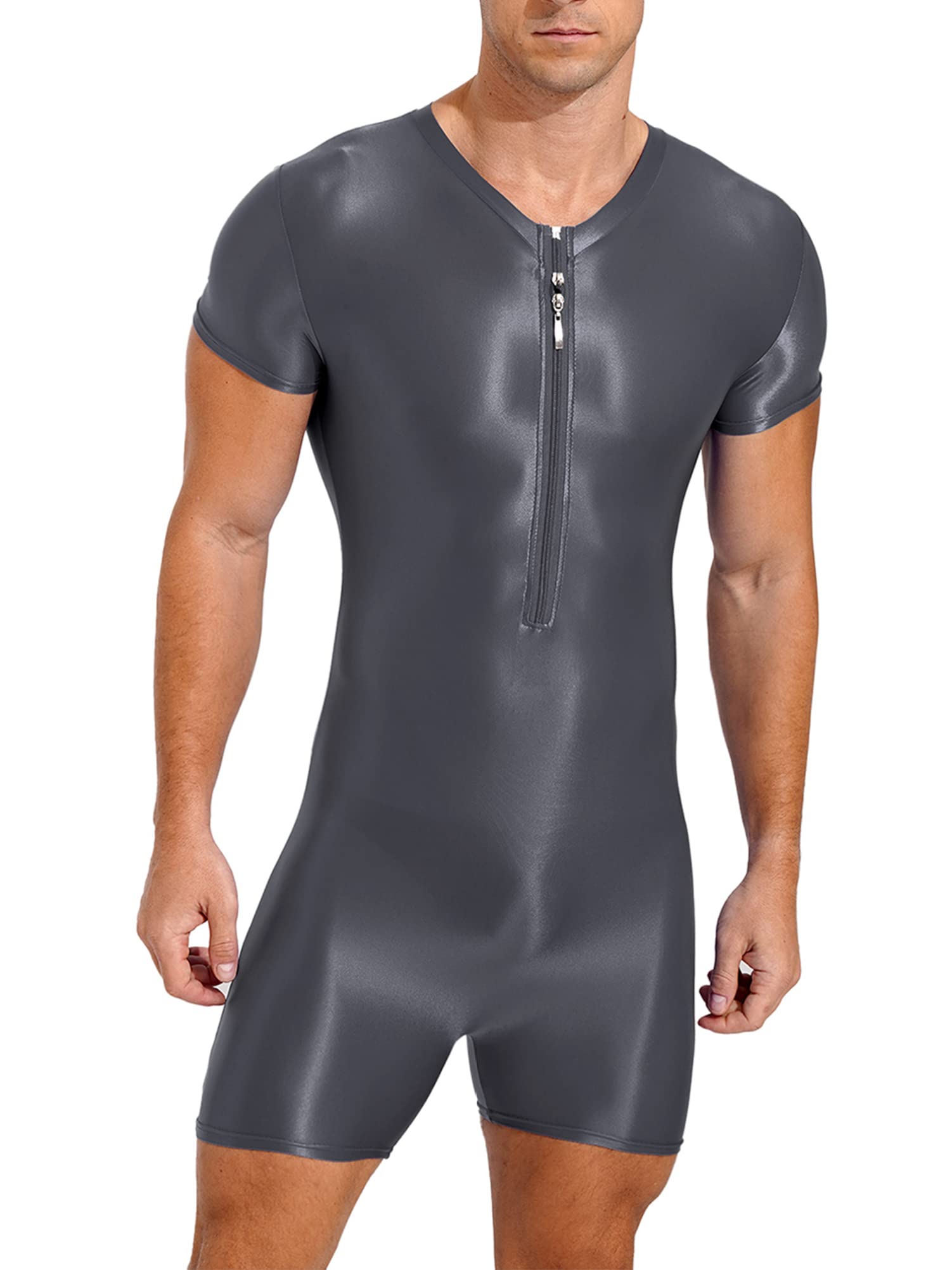 CHICTRY Men's One-Piece Short Sleeve Workout Bodysuit Zipper Front Leotard Wrestling Singlet Unitard Dark Grey M โ image 1