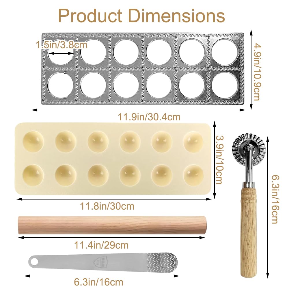 Set 5 Pezzi per Ravioli, Stampo per 12 Pezzi, con Mattarello in Legno, Tagliapasta, Spatola e Stampo in Alluminio Antiaderente per Pasta Fresca, Gyoza, Pelmeni, Ravioli e Fagottini