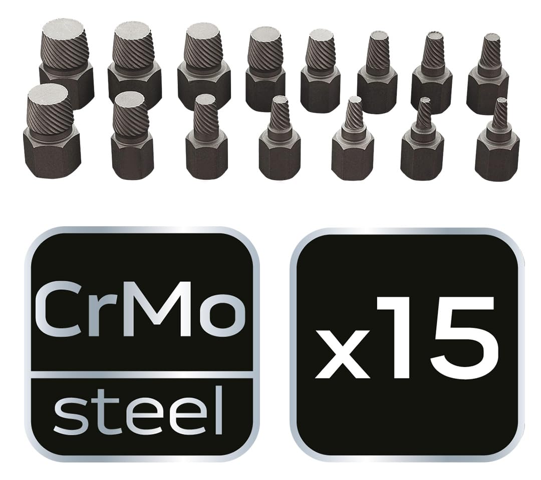 NEO TOOLS Wykrętaki do zerwanych śrub, zestaw 15 szt.; pudełko transportowe; stal CrV; 3, 4, 5, 5.5, 6, 8, 10, 1/8”, 3/16”, 1/4”, 3/8” mm z główką 12 mm oraz 11, 12, 14, 1/2” mm z główką 16 mm