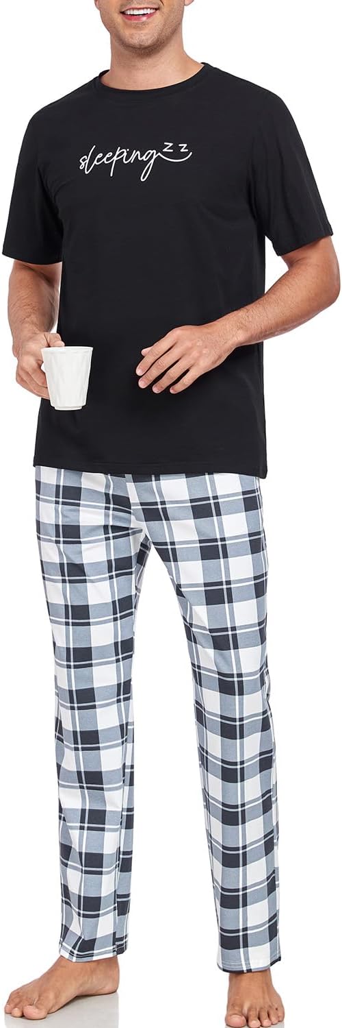 EISHOPEER Cotton Matching Pajamas for Couples Cute Printed Short Sleeve Top & Long Pants Sleepwear Pjs Sets