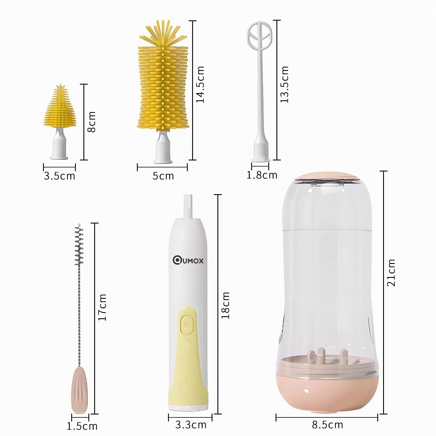 QUMOX Brosse Électrique pour Biberon Bébé, Kit de Nettoyage 6-en-1 Rechargeable USB avec Boîtier de Rangement – Brosse Motorisée pour Biberons, Tétines, Pailles, Tasses et Gobelets (Jaune)
