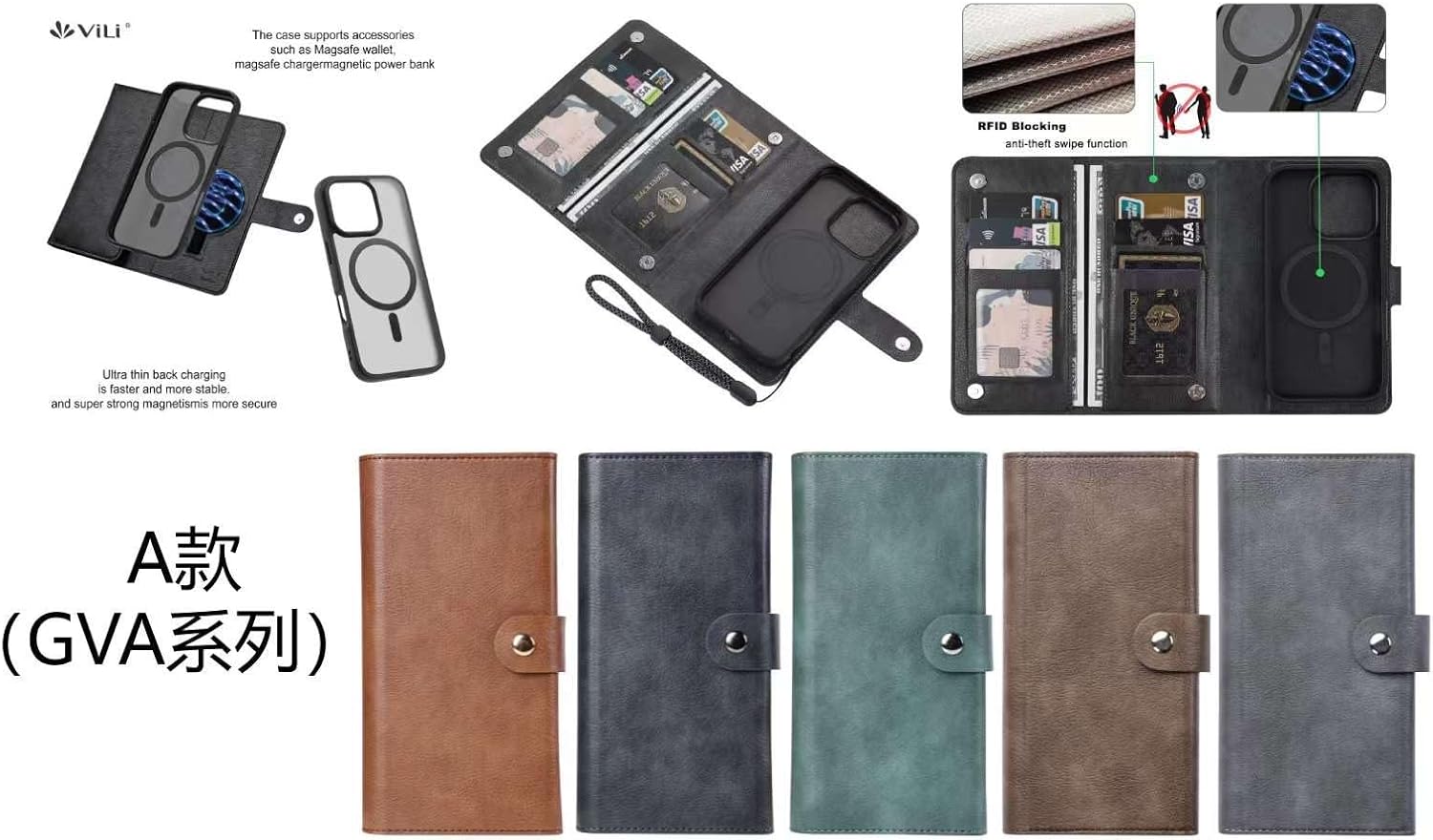 Smartist ViLi-GVA iPhone 16 Plus Compatible 2 in 1 Multiple Card Storage Anti-Skimming Removable Magnet Detachable Detachable Detachable Strap 2-Way Folio Case Antique Green Gray CIH16P-VL-GVA-GR