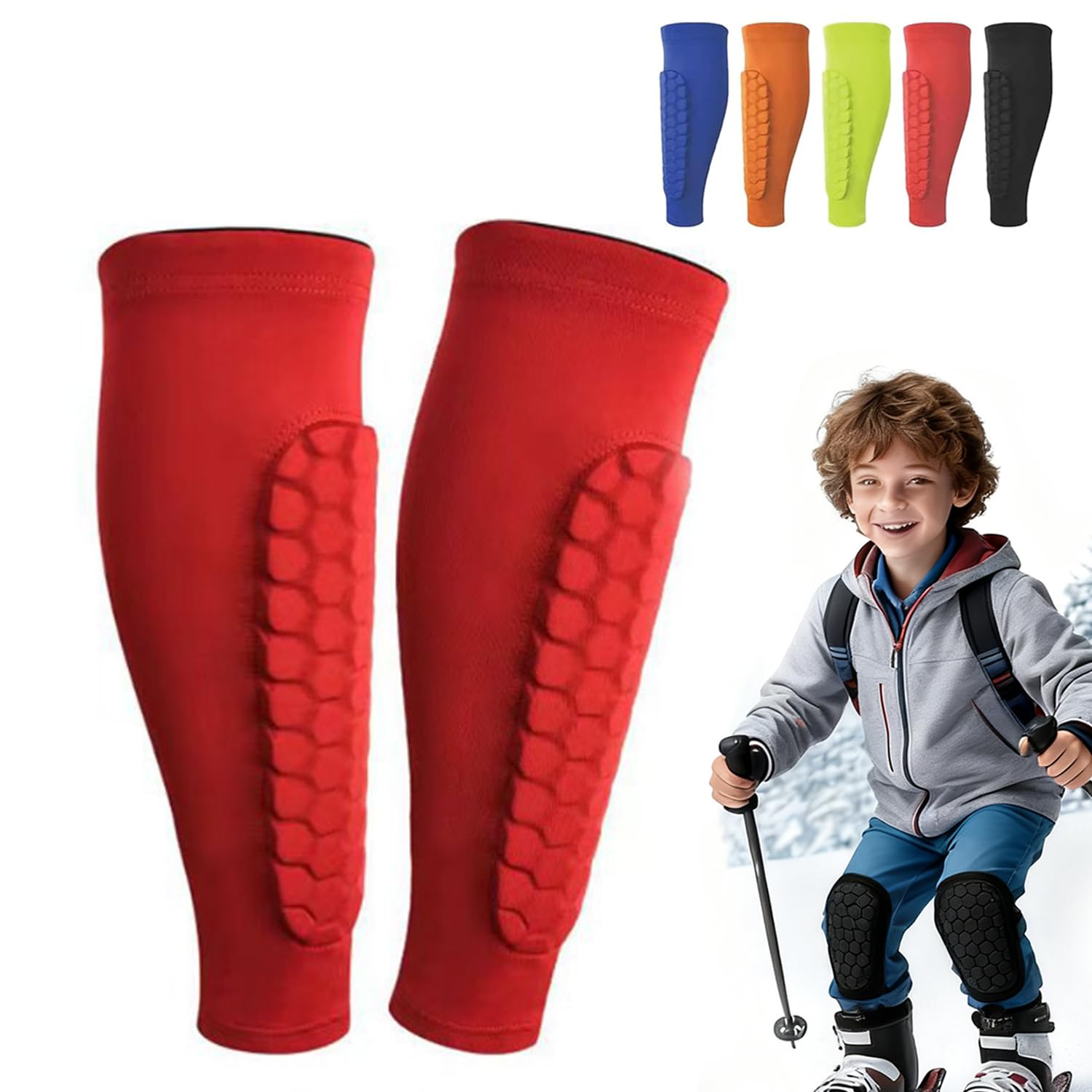 Ski Guard Socks, Shin Shin Guards Kids, Elastic Anti-Collision Leggings 8-10/10-12 (Red, S(age 6-10))