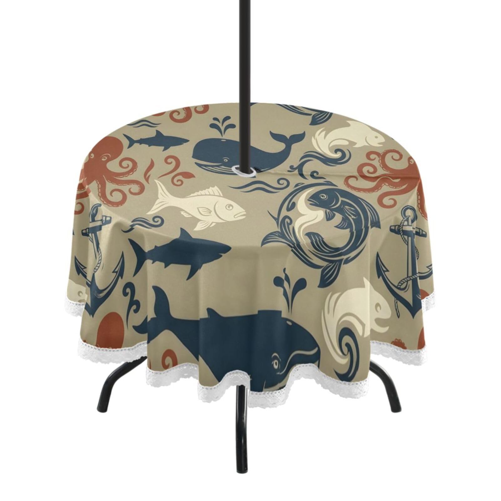 Ttgoth Whale Outdoor Table Cloth 152 cm Water Stain & Resistan Tablecloth Wipeable Table Cover with Parasol Hole & Zipper for Garden Patio Party Picnic