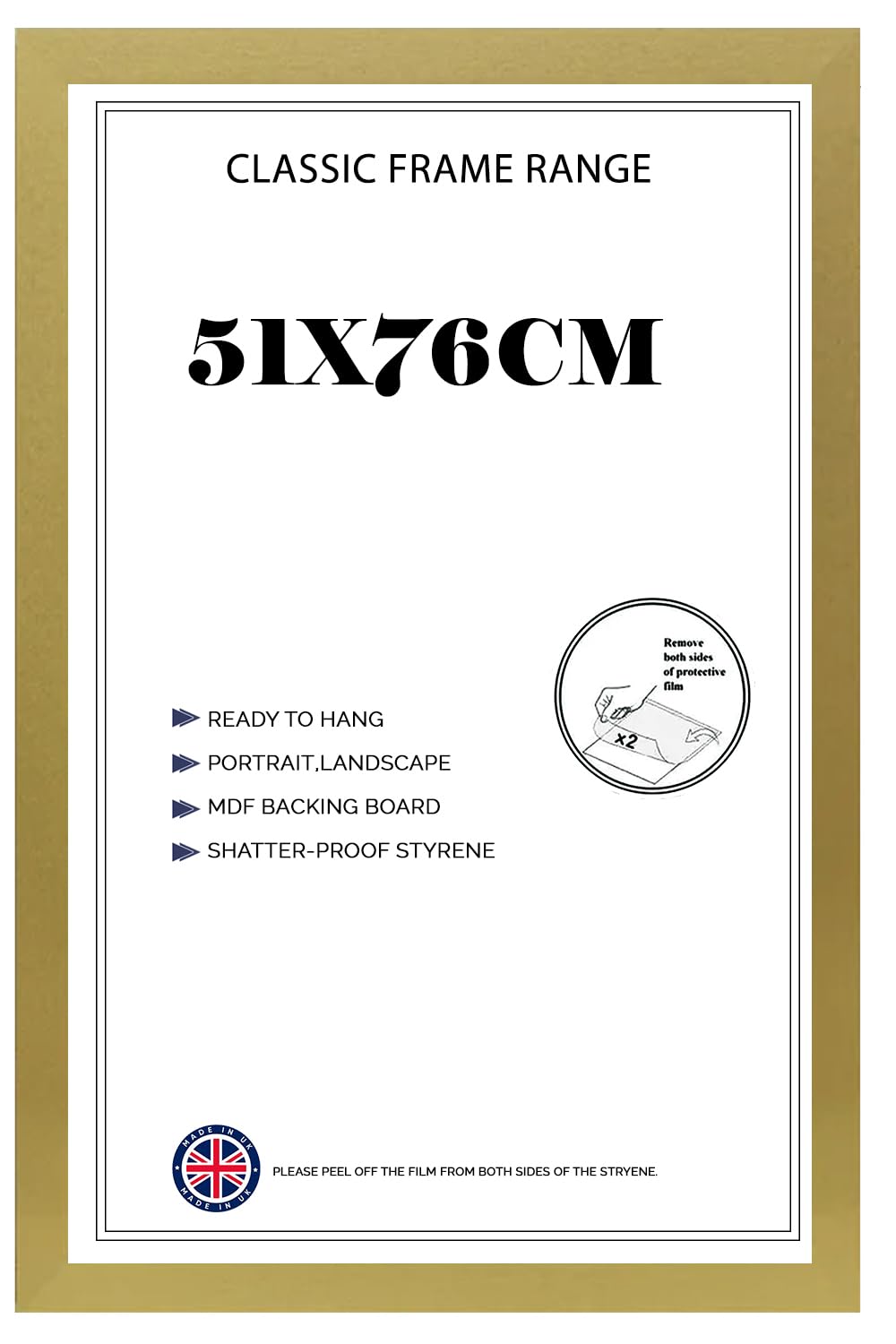 Picture Frame 51x76 cm for Jigsaw Puzzles | Strong MDF Wooden Shatter-Proof Front | 76cm x 51cm Vertical & Horizontal 30x15mm Moulding for Home & Office - Gold