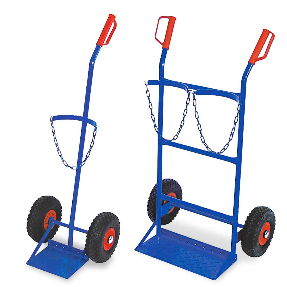 BRB 2 Gasflaschenkarren, Stahlflaschenkarre für eine Flasche (100 kg Tragkraft), Stahlflaschenkarre für Zwei Flaschen (150 kg Tragkraft), Pannensichere Reifen, Blaue Farbe