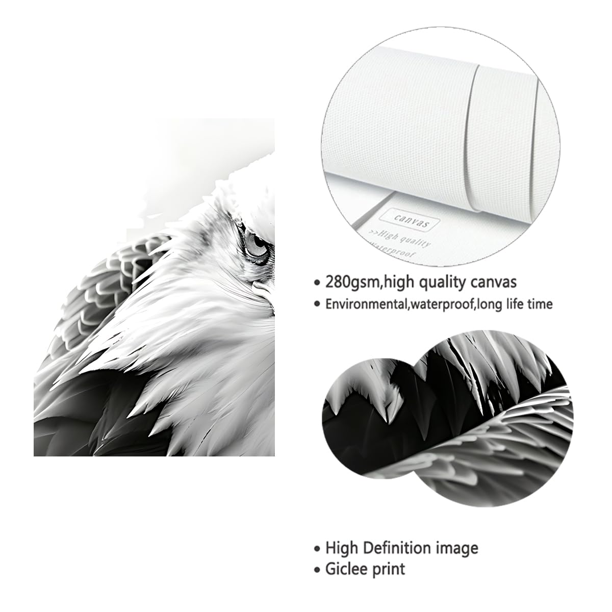 Via Vela Arte mural de lienzo de águila calva Murales de vida silvestre en blanco y negro Carteles de animales americanos Pintura para decoración del salón 60x80cm