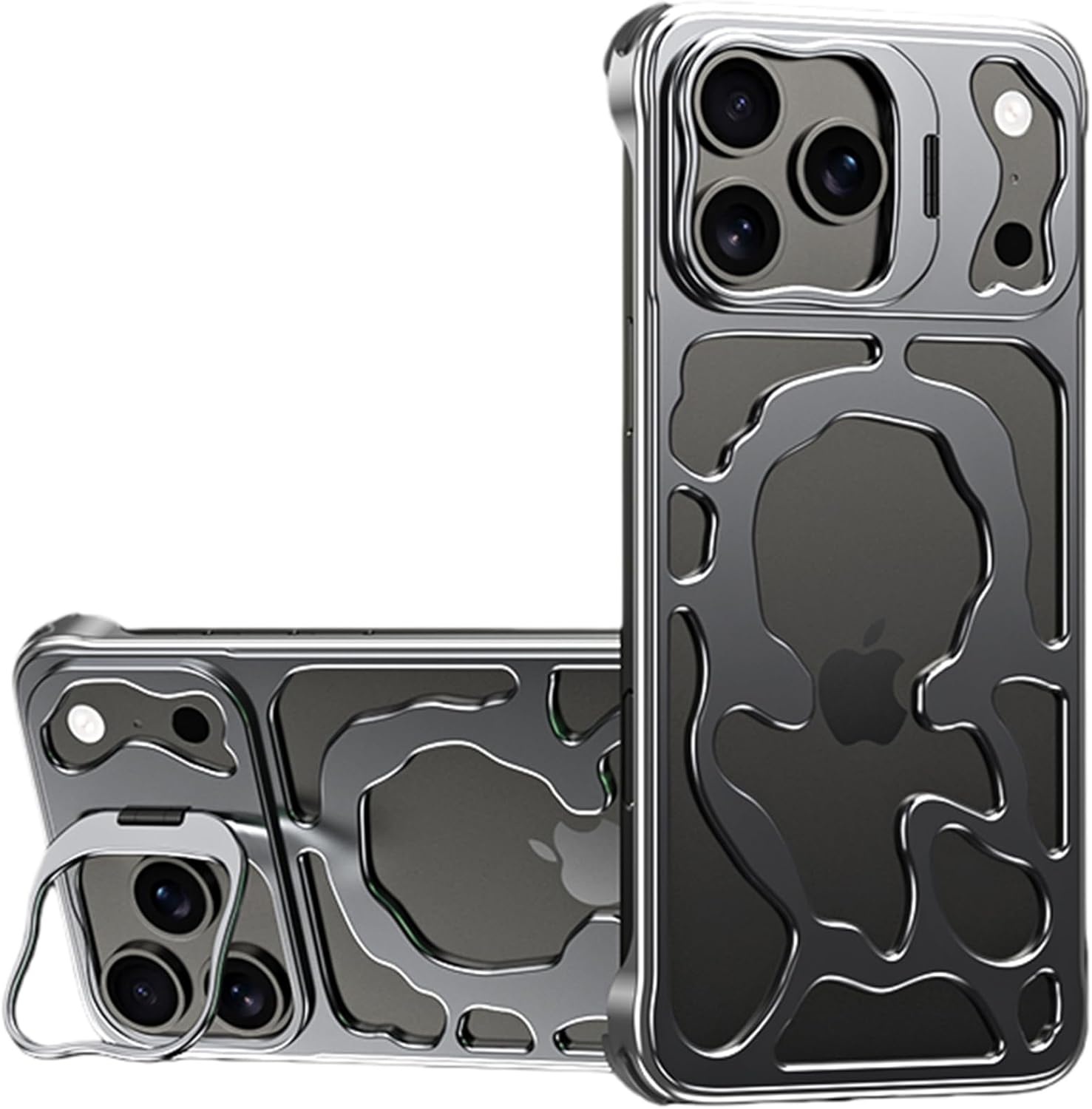 Magnetic Metal Case for iPhone 17 Pro / 17 Pro Max, Frameless Hollow Bumper with Rotating Lens Guard Kickstand, Heat-Dissipation Skeleton Frame, Shockproof Slim Protective Cover(Gray,17 pro max)