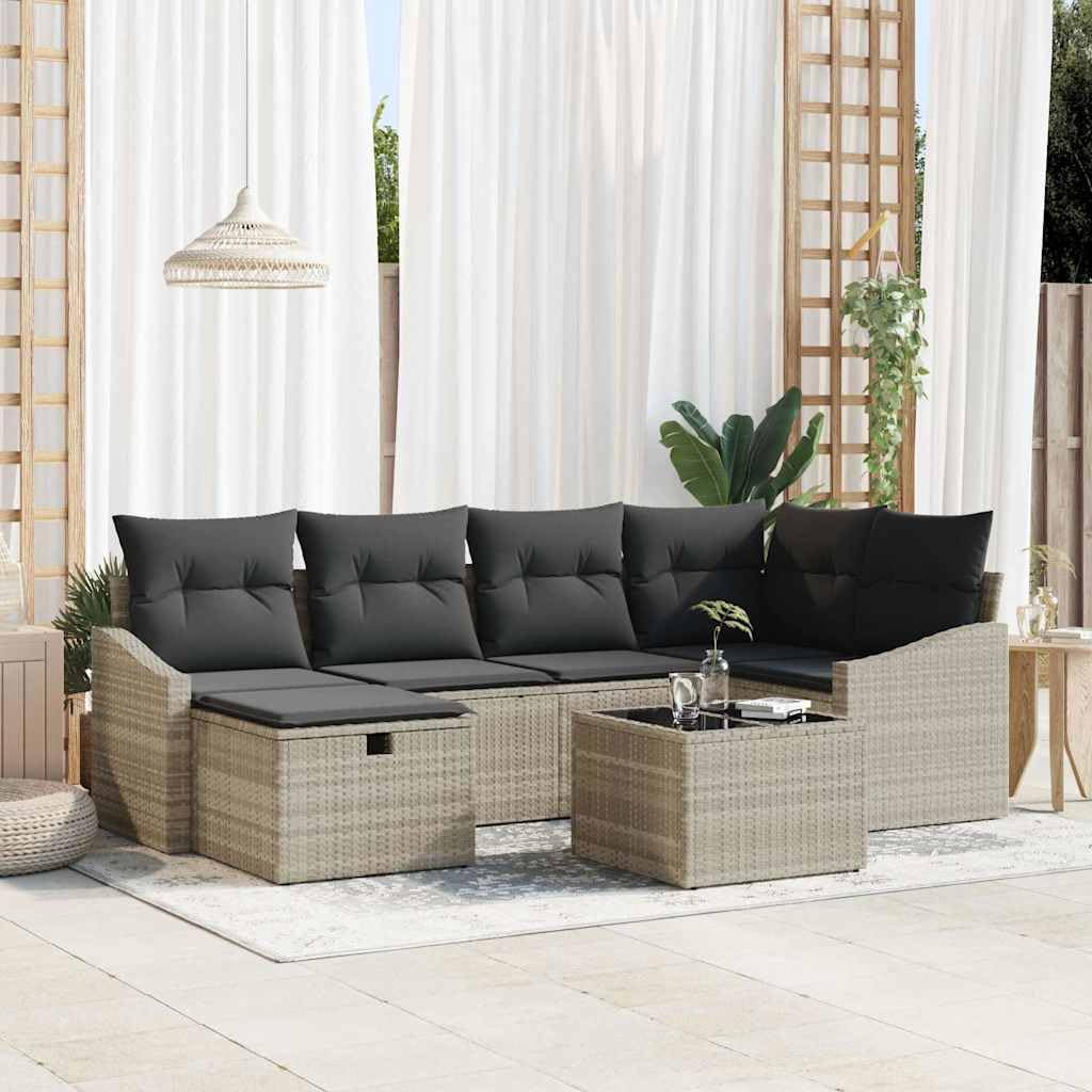 Sofa ogrodowa z polirattanu, 7-częściowy, jasnoszary, 55 x 62 x 69 cm, modułowa, odporna na warunki atmosferyczne, na taras, do ogrodu, na balkon, do relaksu i spędzania czasu towarzyskiego
