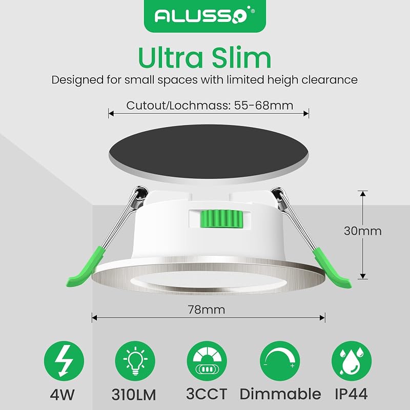 ALUSSO LED Süllyesztett Mennyezeti Spotlámpa Szett, 230V, Dimmelhető, 68mm, 4W, IP44, 3 Színhőmérséklet, Fürdőszobába, Konyhába, 12db