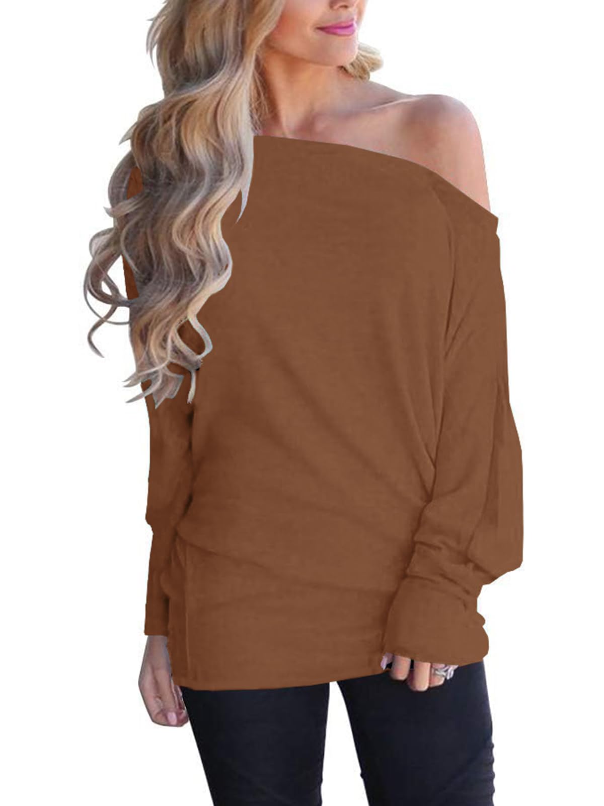 Eniloyal Langarmshirt Damen Off Shoulder Oberteil Shirt Damen Fledermaus Langarm Oversized Pullover Sexy Basic Schulterfreies Herbst Karamell XXL