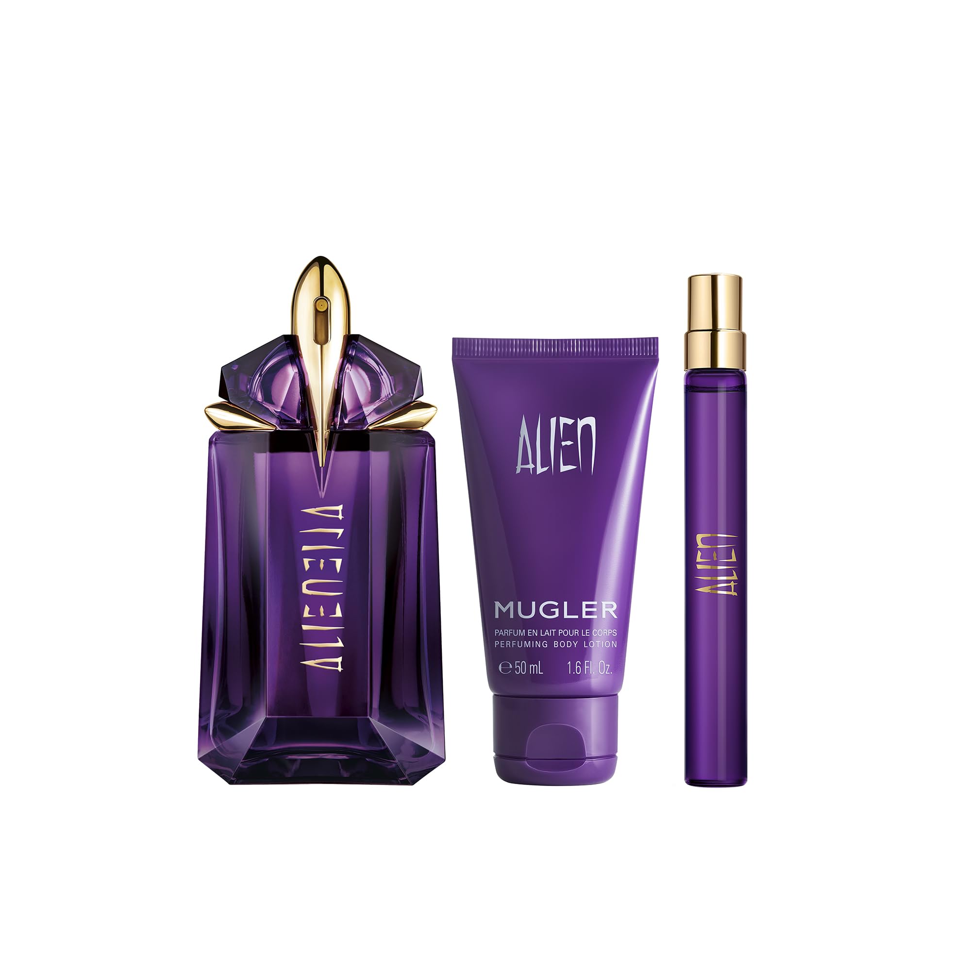 Alien Eau de Parfum, Estuche Perfume para Mujer 60ml vaporizador + Loción Corporal 50 ml + 10 ml Vaporizador, Fragancia Recargable