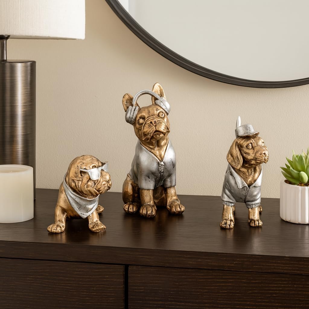 Decorative Resin Dogs Statues for Home Decor - Ornaments for Bathroom, Office, or Living Room Decor - Sculptural Figurine for Bedroom Shelf or Coffee Table - Set of 3, 10", 8", 6", Gold & Metallic