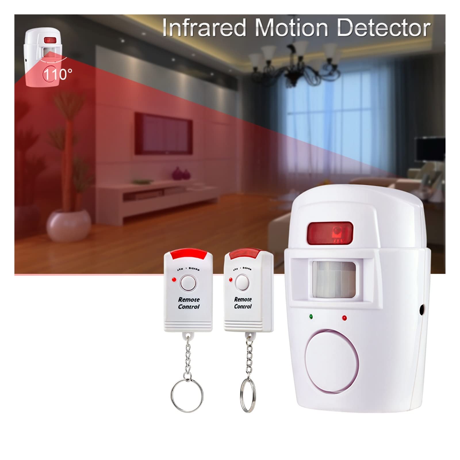 Sistema di Allarme, di allarme PIR con sensore a infrarossi, 2 telecomandi wireless for la sicurezza domestica, antifurto rilevatore movimento, sirena da 105 dB