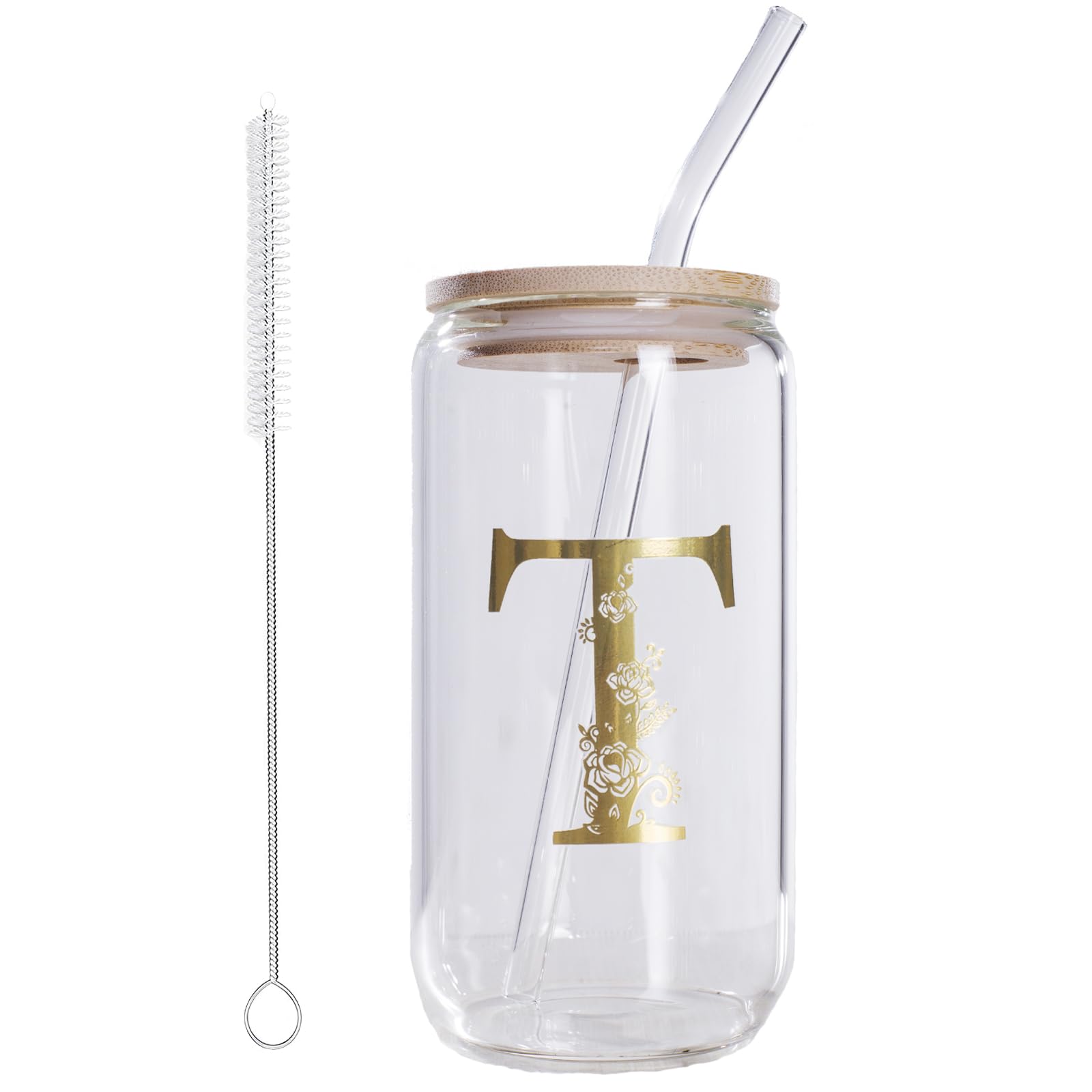 Initial Glass Cup Jars Personalized Letter T,Floral Monogrammed Gifts for Women,Sister, Friend, Coworker, Wife, Christmas 16 oz Glass Cups w/Lids Straws, Iced Coffee, Smoothie, Beer Glass