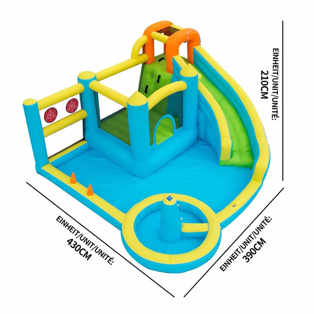 Hüpfburg, Parco acquatico con acquascivolo e piscina, gonfiabile, per giardino all'aperto, parco giochi acquatici con ventilatore, grande giocattolo gonfiabile per bambini (430 x 390 x 210 cm)