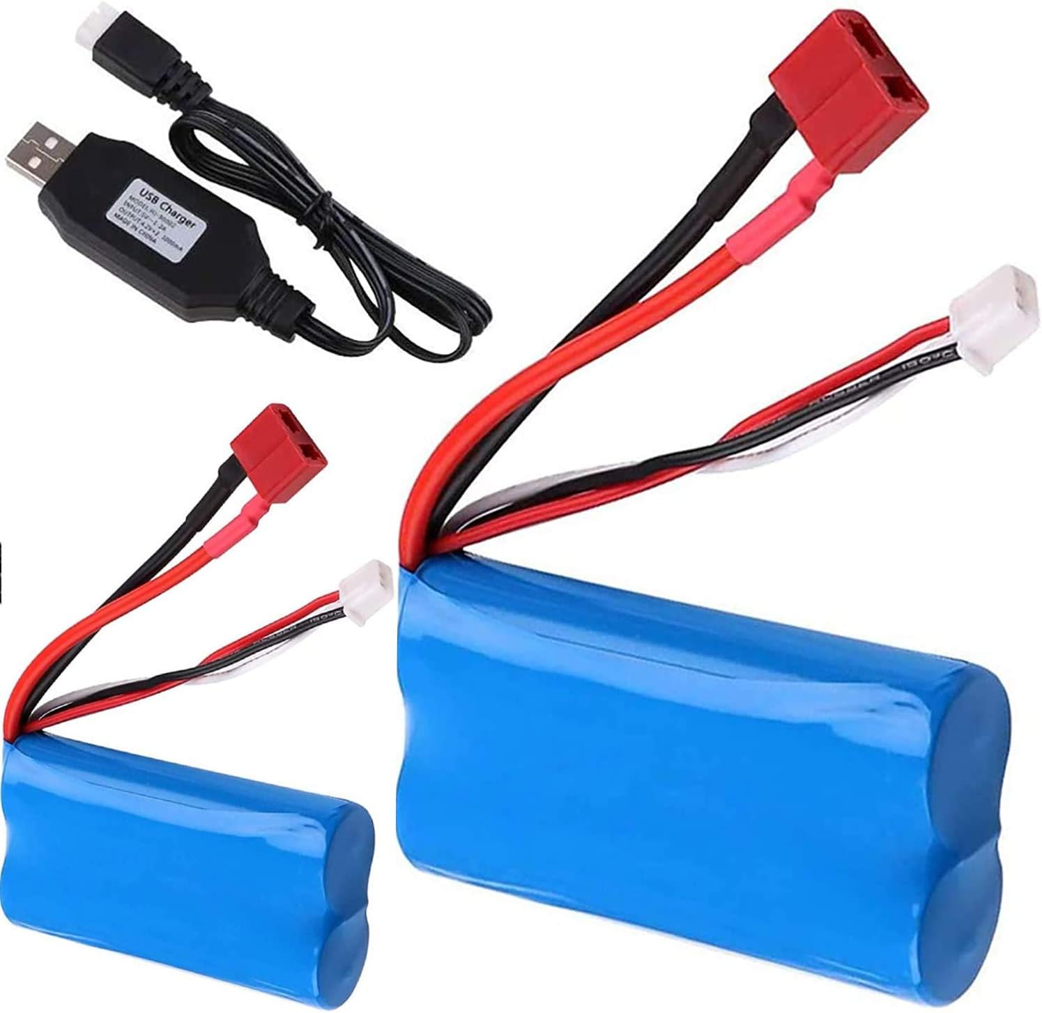 2 Pack Li-ion rechargeable battery 7.4V 2000mAh 2S 20C T plug female connector with USB charger for RC car off road truck jumper WLtoys
