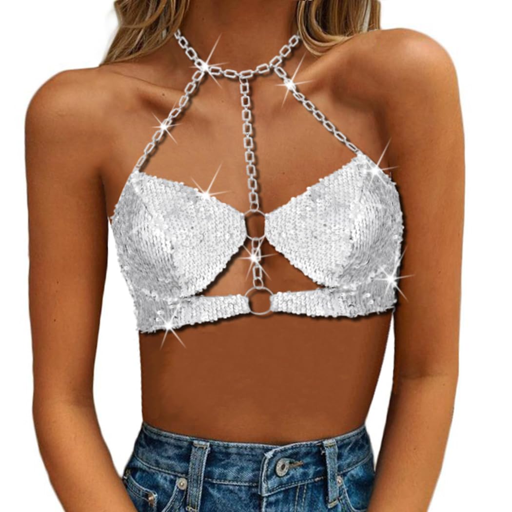 Swim Bra Vinaderhom Women's Metallic Crop Tops Shiny Bralette Rave Bra Triangle Bikini Swimsuit Top Metallic Tops For Women