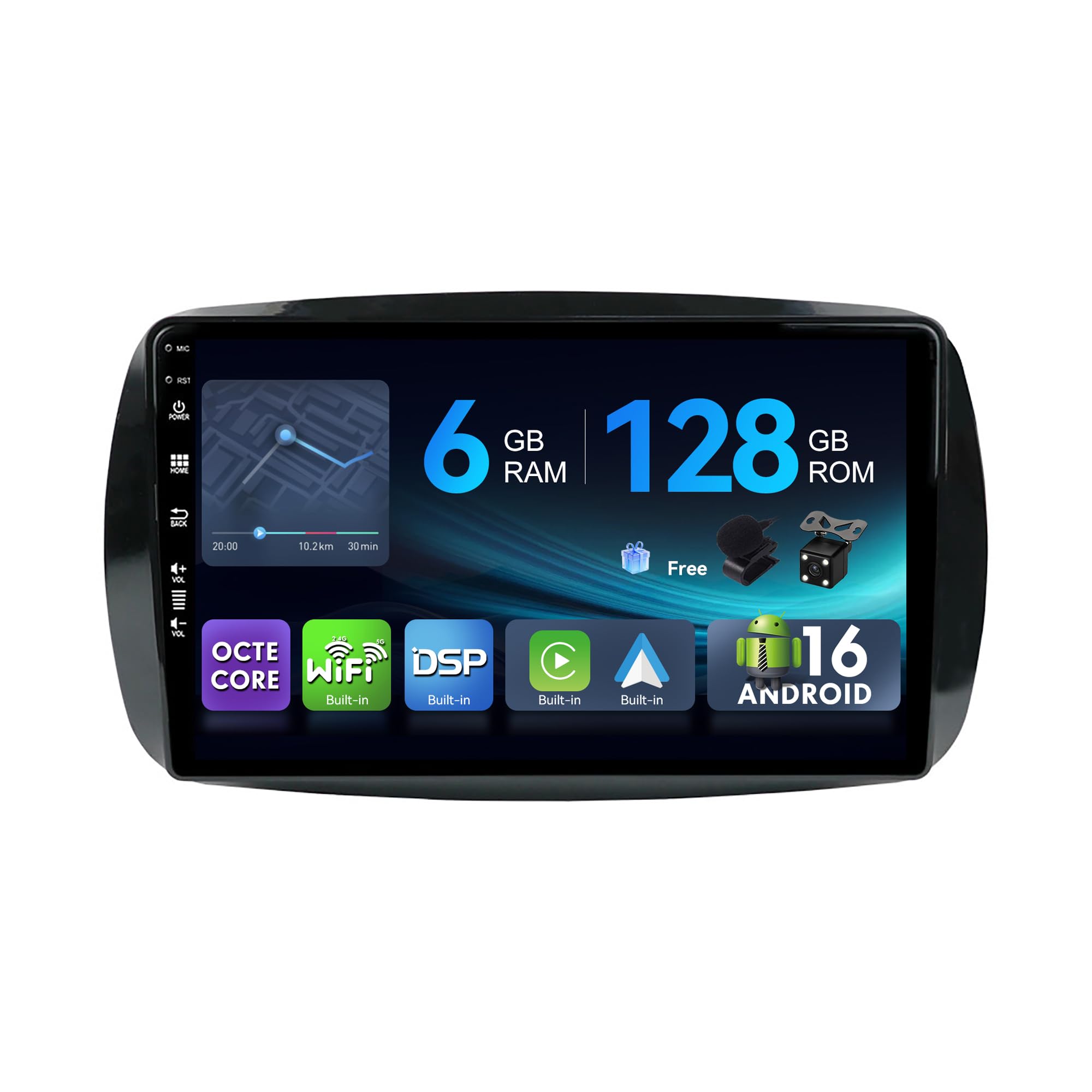 [6G+128G,Octa-Core] - MSD Autoradio für Mercedes-Benz Smart 453 Fortwo (2014-2020) | Android 16 GPS Navi Radio | CarPlay Android Auto Lenkradsteuerung DSP DAB | Rückfahrkamera MIC | 2 Din 9 Zoll